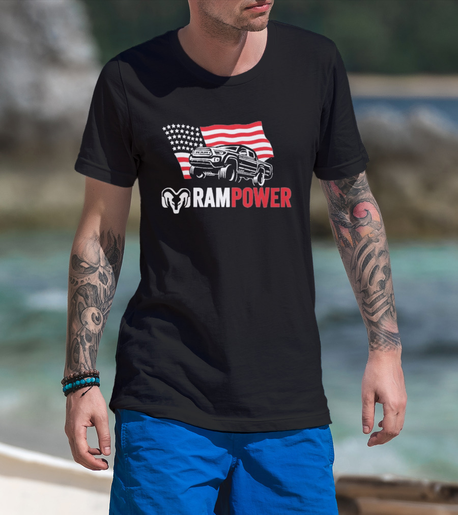 RAMPOWER American Flag Truck And Ram Head T-Shirt