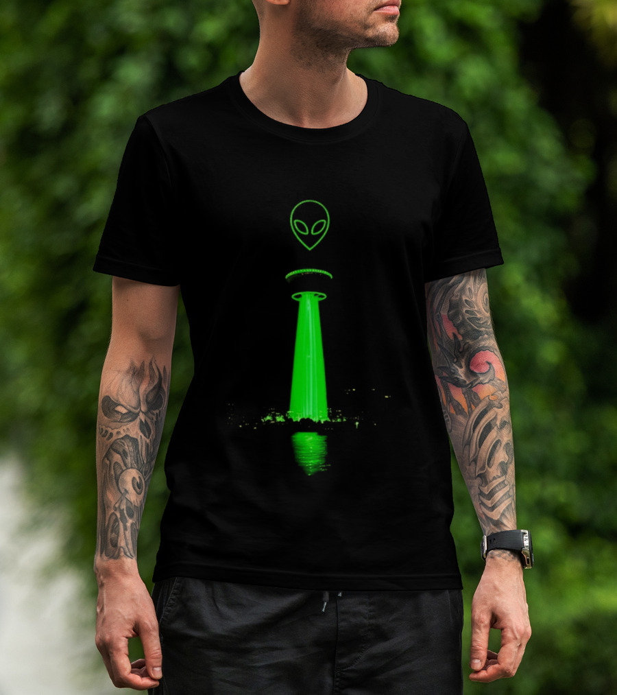 Victor Wamby Alien Spaceship Calgary Tower Abduction UFO Green Glow T-Shirt