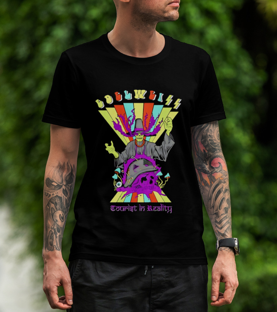 Edelweiss Skeleton Warlock Psychedelic Rainbow Tourist In Reality T-Shirt