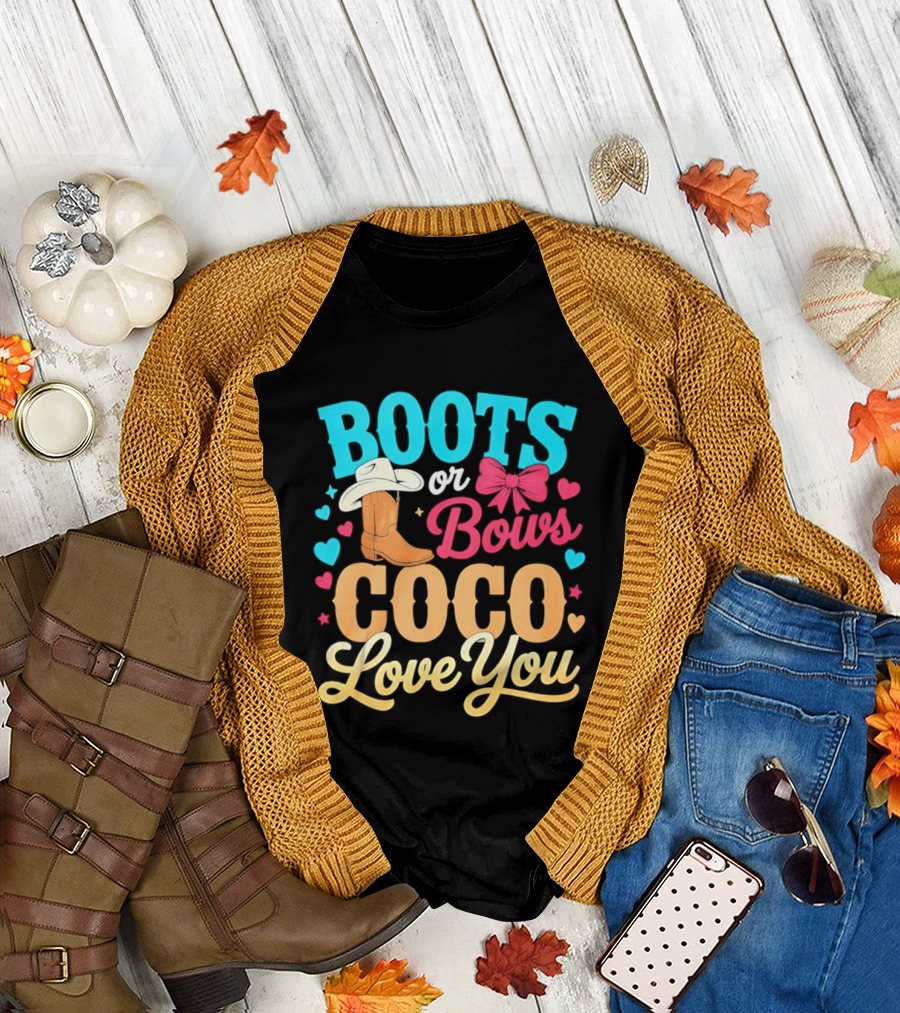 Boots or Bows Coco Love You Gender Reveal Baby Shower Cowgirl T-Shirt