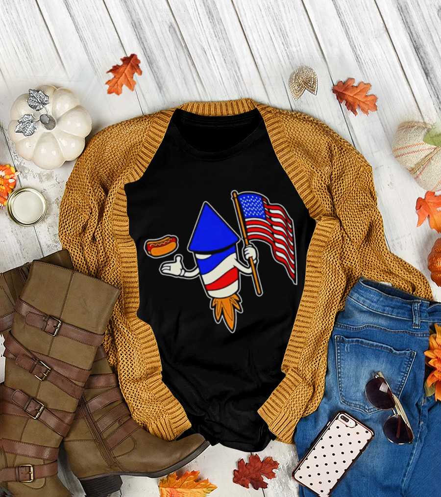 Fireworks Rocket American Flag And Hot Dog Celebration T-Shirt