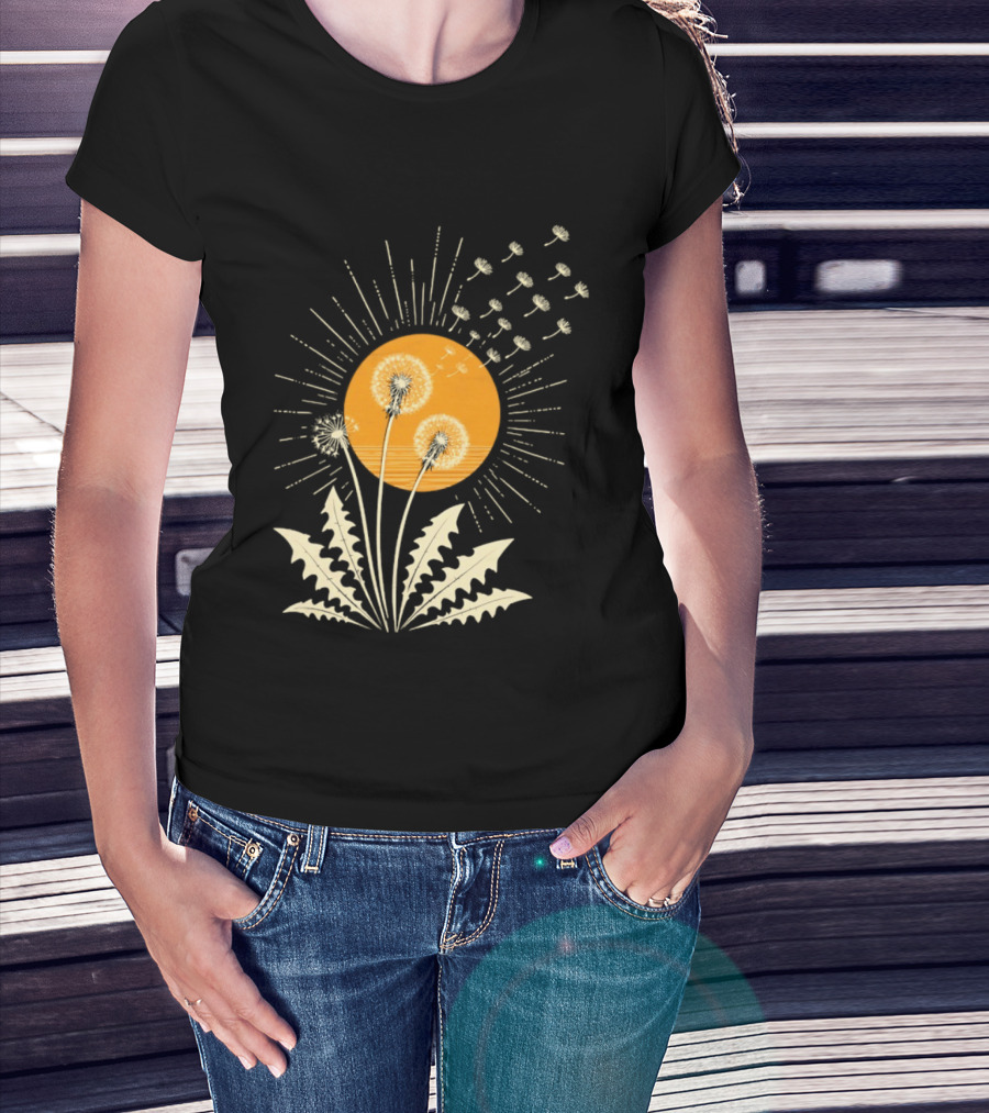 Golden Sunlight Dandelion Seeds Flying Nature Burst T-Shirt