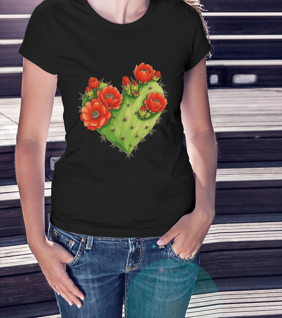Heart Shaped Cactus With Vibrant Red Flowers T-Shirt