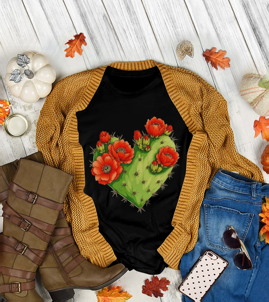 Heart Shaped Cactus With Vibrant Red Flowers T-Shirt