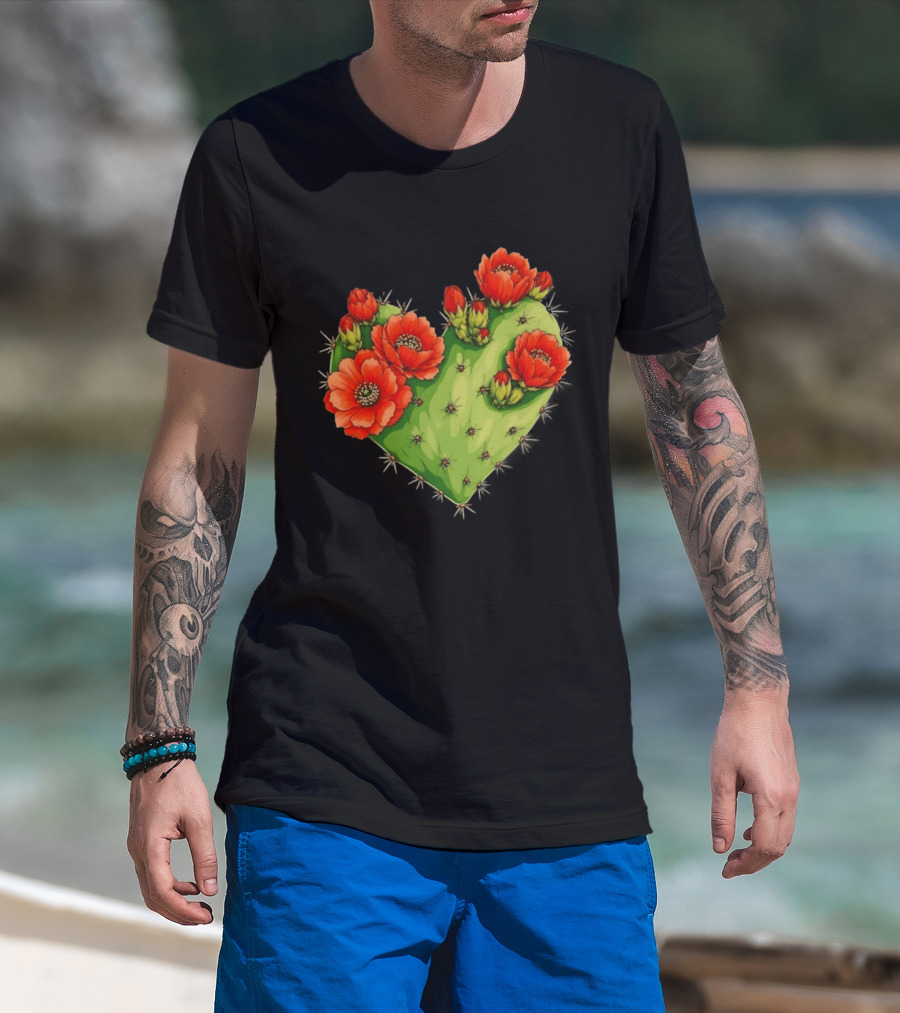 Heart Shaped Cactus With Vibrant Red Flowers T-Shirt