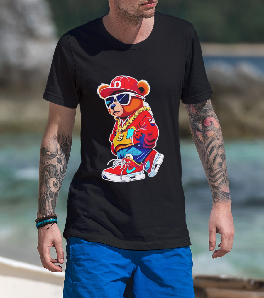 Hip Hop Teddy Bear Swag With Red Cap And Sunglasses T-Shirt