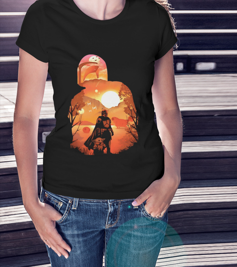 Hunting Companions Bounty Hunter Sunset Mandalorian Grogu Art By Dandingeroz T-Shirt