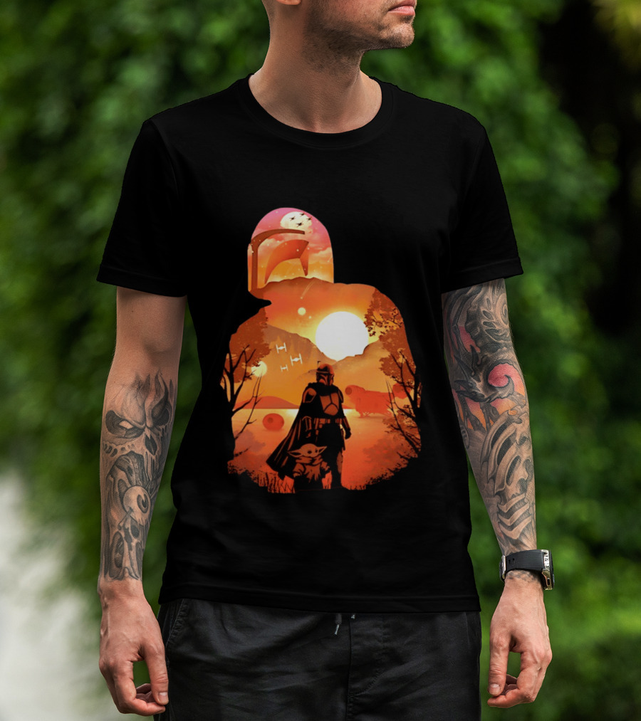 Hunting Companions Bounty Hunter Sunset Mandalorian Grogu Art By Dandingeroz T-Shirt