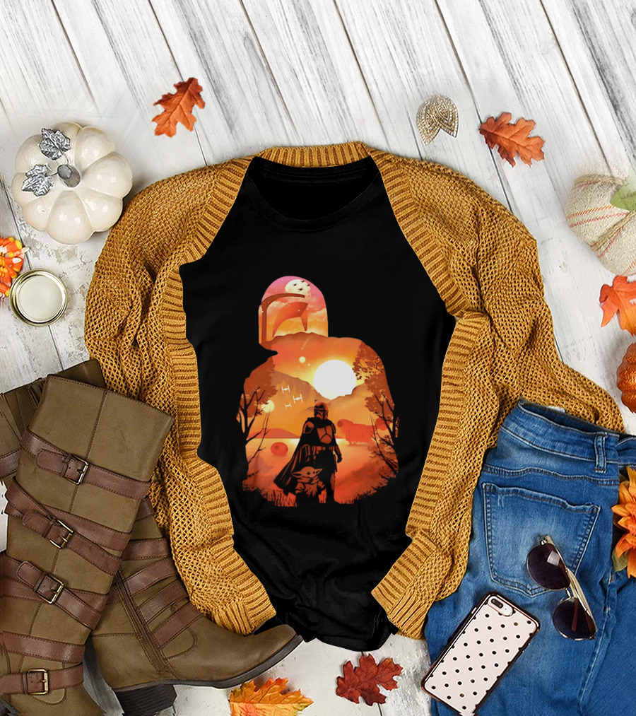 Hunting Companions Bounty Hunter Sunset Mandalorian Grogu Art By Dandingeroz T-Shirt