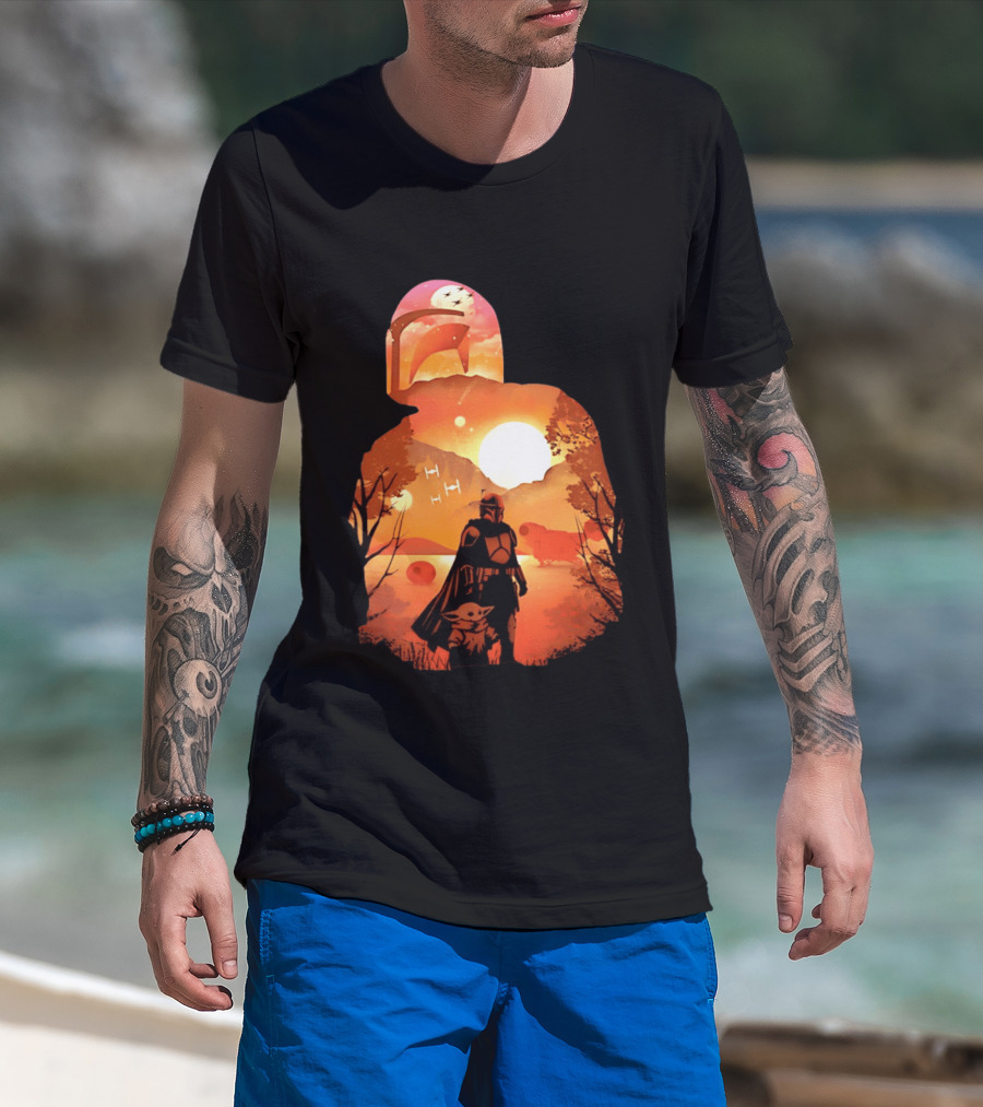 Hunting Companions Bounty Hunter Sunset Mandalorian Grogu Art By Dandingeroz T-Shirt