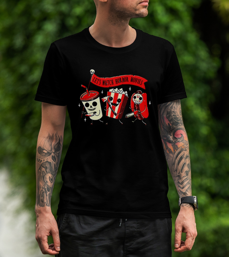 Let's Horror Movies Skull Soda Chainsaw Hot Dog And Popcorn T-Shirt