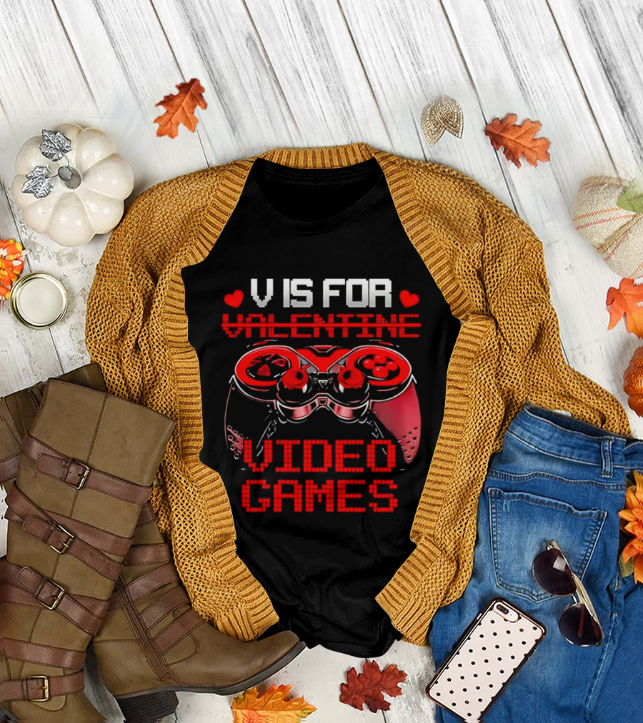 V Is For Valentine Video Games Controller Hearts T-Shirt