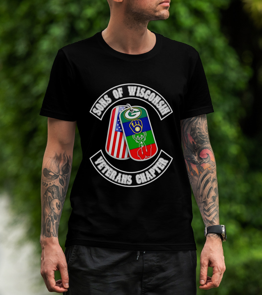 Sons Of Wisconsin Veterans Chapter Green Bay Packers Milwaukee Brewers Milwaukee Bucks Badgers American Flag Dog Tags T-Shirt