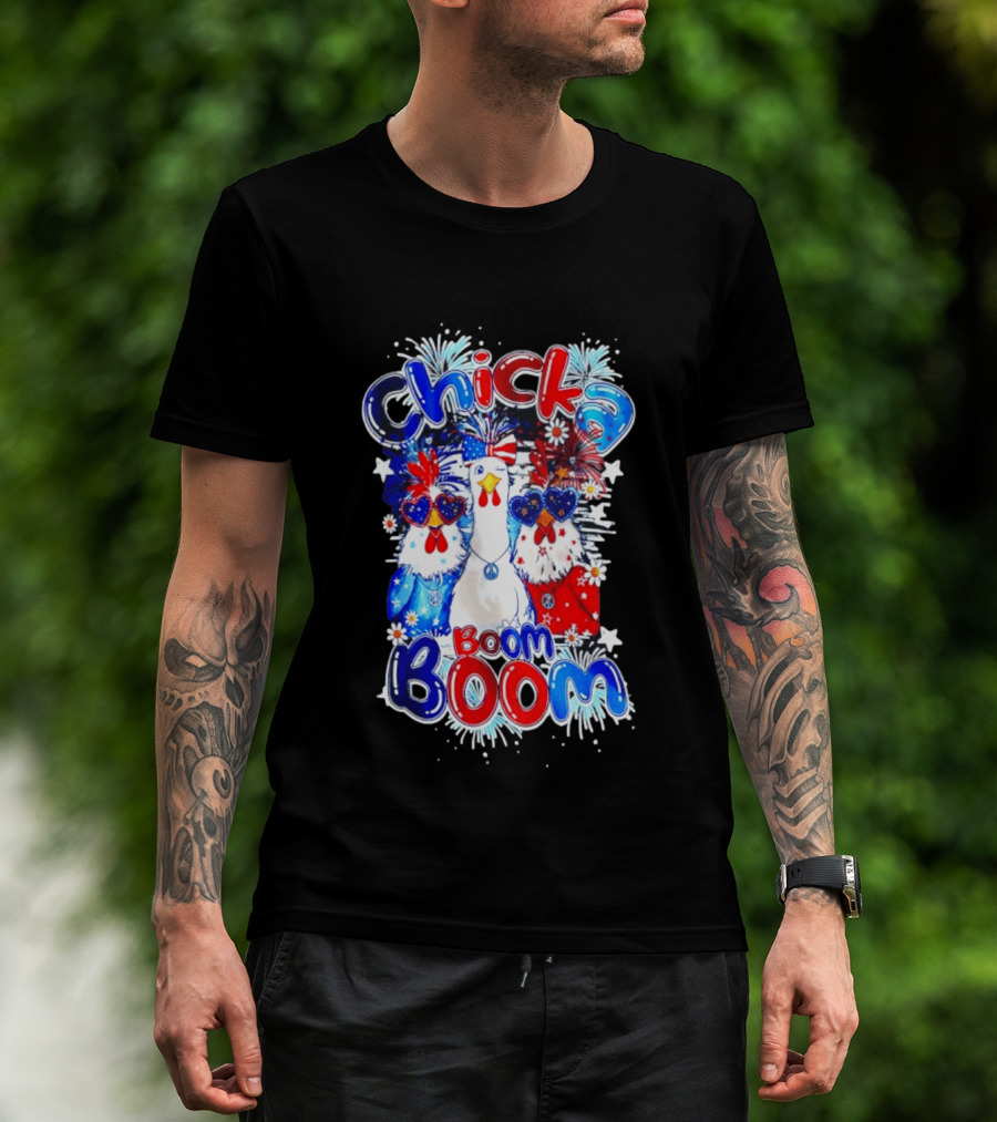 Chicka Boom Boom Patriotic Chickens With Headbands And Peace Signs T-Shirt