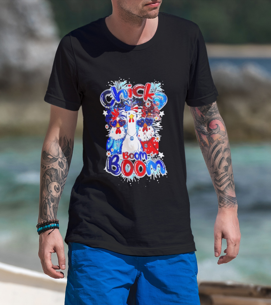 Chicka Boom Boom Patriotic Chickens With Headbands And Peace Signs T-Shirt