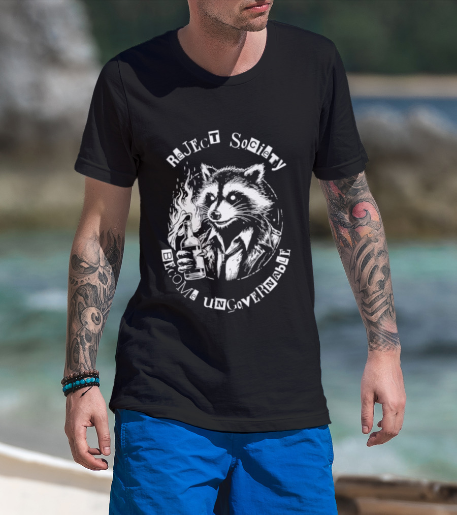 Reject Society Become Ungovernable Raccoon Holding Molotov Cocktail T-Shirt