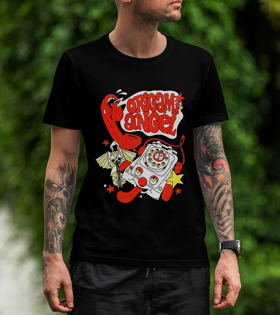 Origami Angel Retro Phone Illustration With Stars And Wings T-Shirt