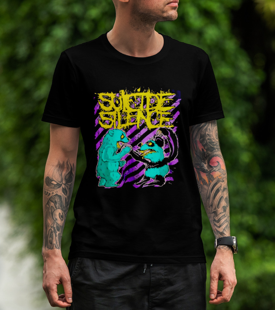 Suicide Silence Bears And Pandas Face Off In Striped Painting T-Shirt