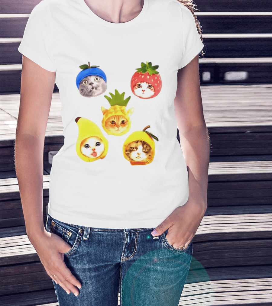 Whimsical Cats In Fruit Hats Blueberry Strawberry Pineapple Banana Apple T-Shirt