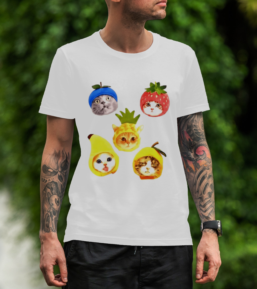 Whimsical Cats In Fruit Hats Blueberry Strawberry Pineapple Banana Apple T-Shirt