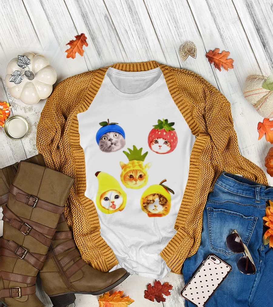 Whimsical Cats In Fruit Hats Blueberry Strawberry Pineapple Banana Apple T-Shirt