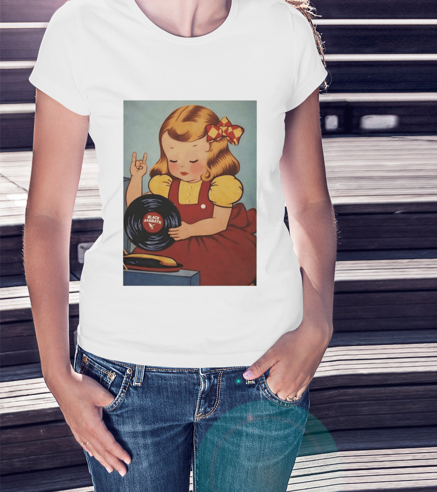 Girl Holding Black Sabbath Vinyl Heavy Metal T-Shirt