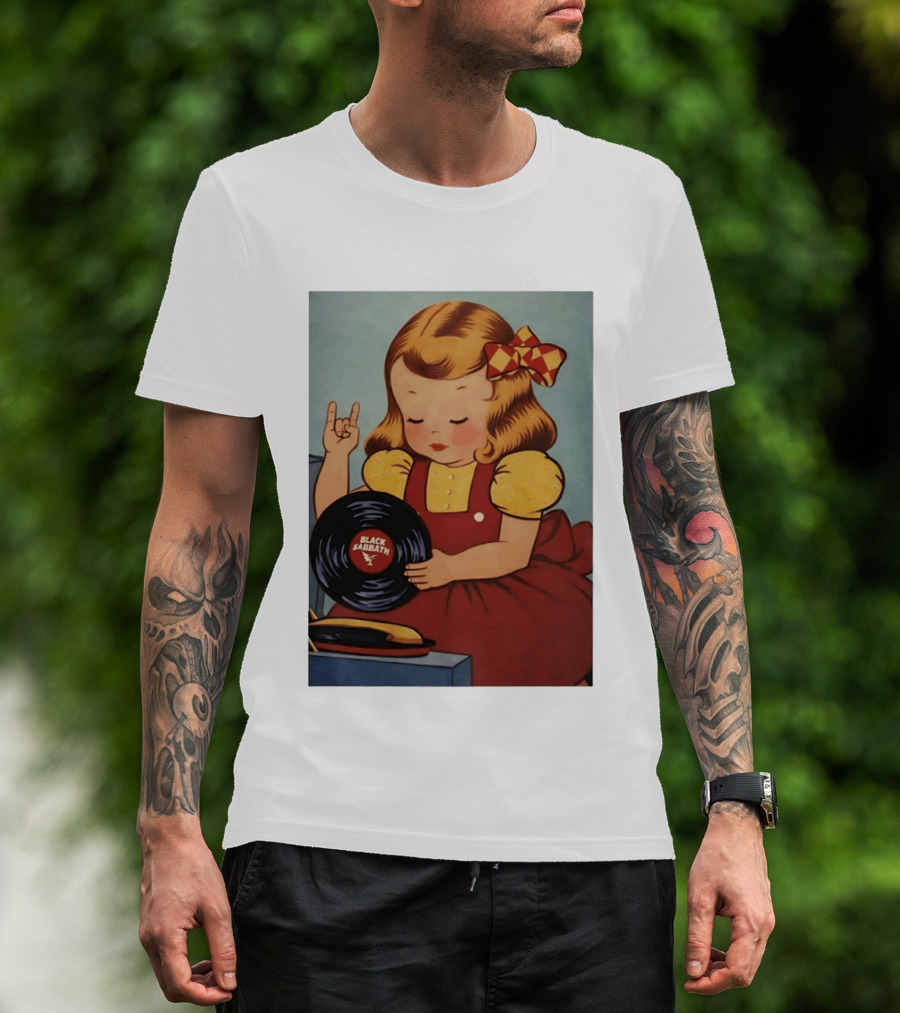 Girl Holding Black Sabbath Vinyl Heavy Metal T-Shirt