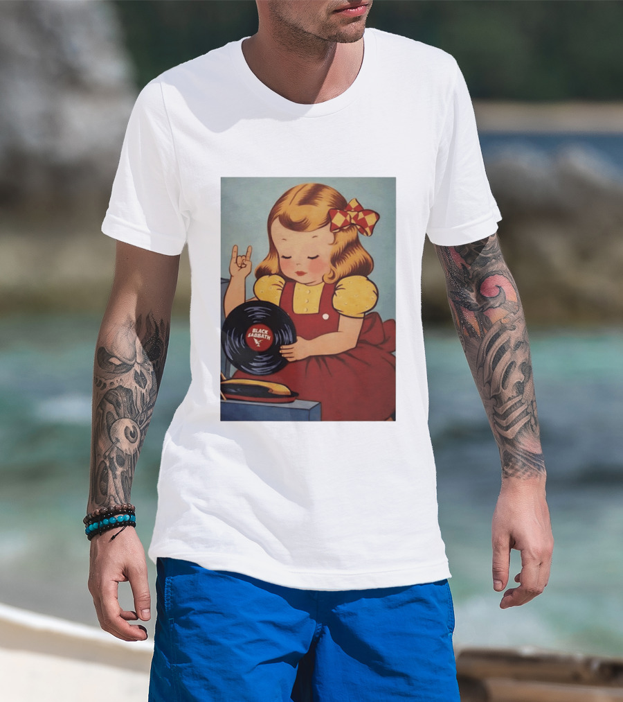 Girl Holding Black Sabbath Vinyl Heavy Metal T-Shirt