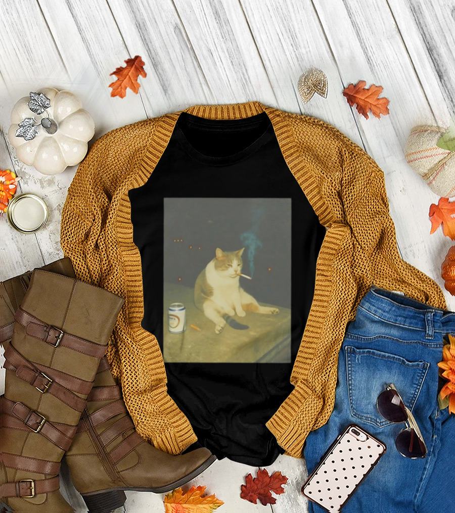 Depressed Cat Smoking Cigarette Meme With Beer Can T-Shirt
