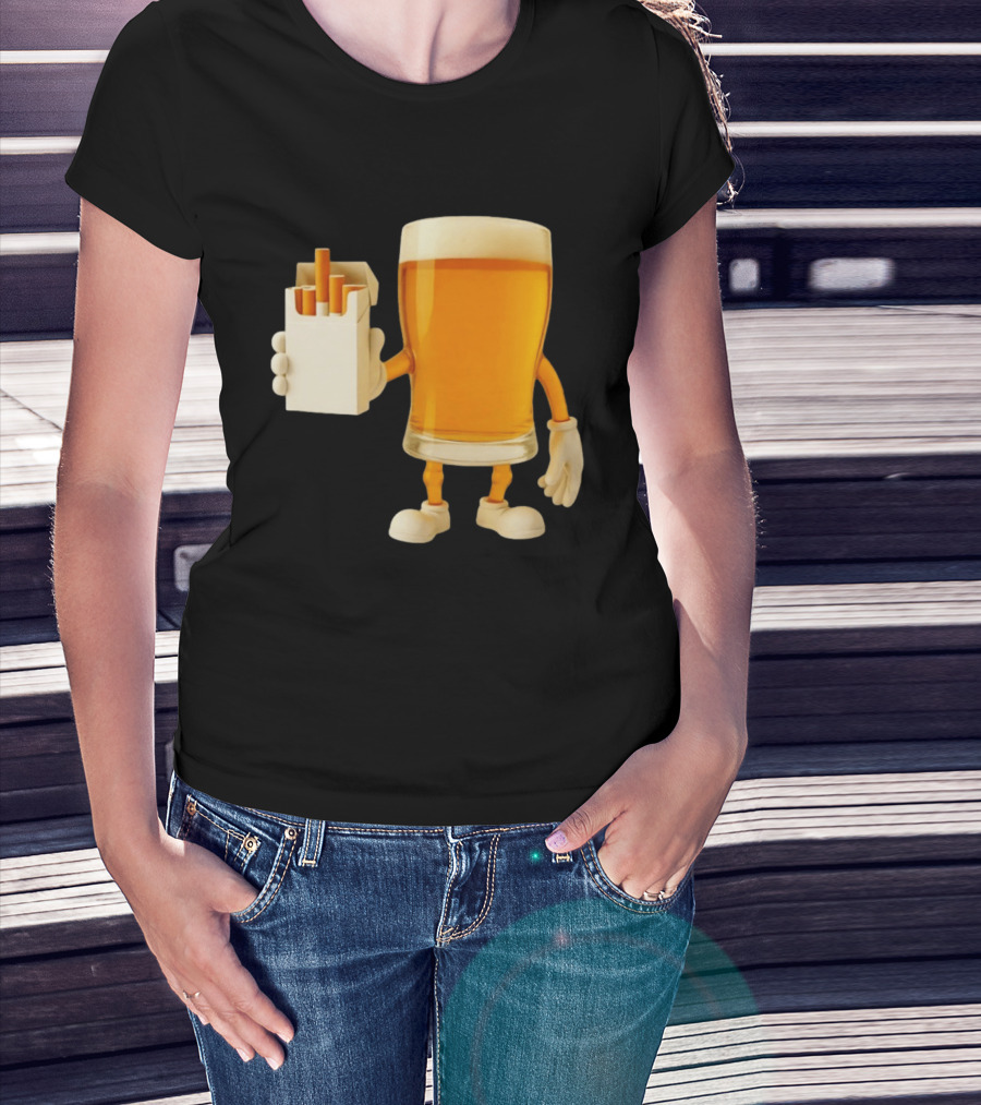 Beer Glass Holding Cigarettes Funny Drunk Cigs T-Shirt