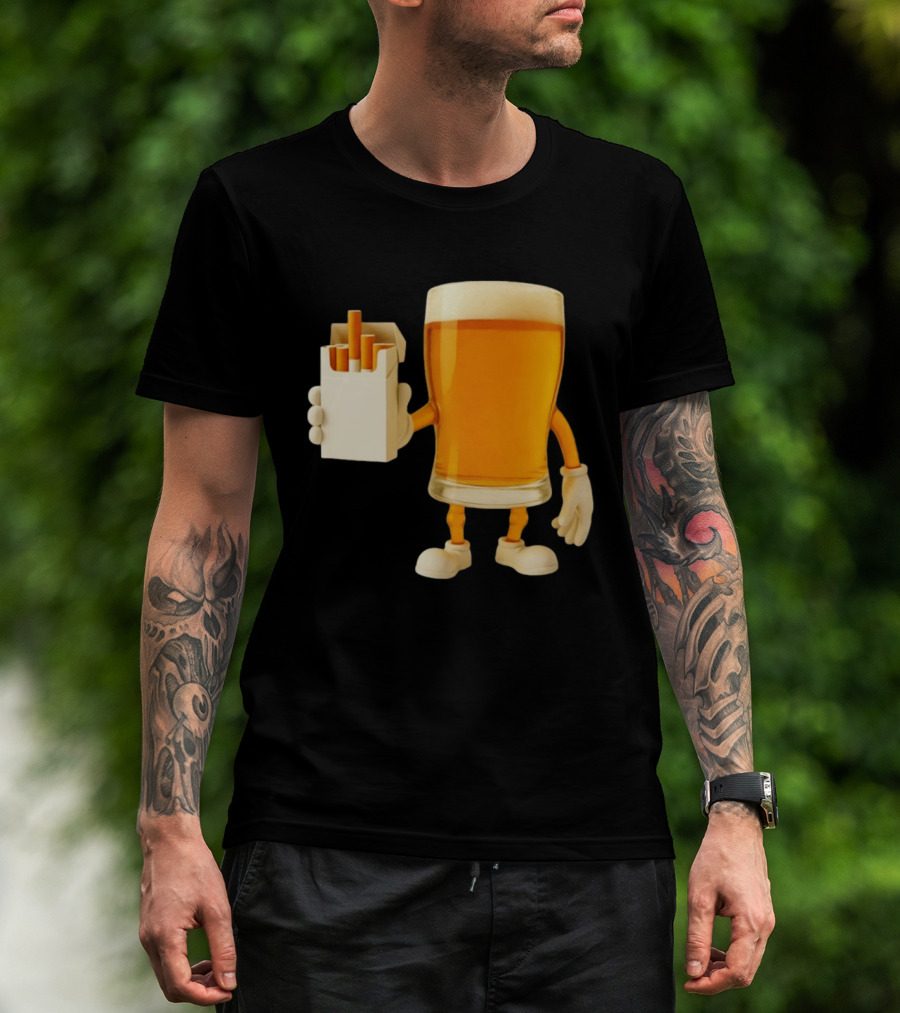 Beer Glass Holding Cigarettes Funny Drunk Cigs T-Shirt
