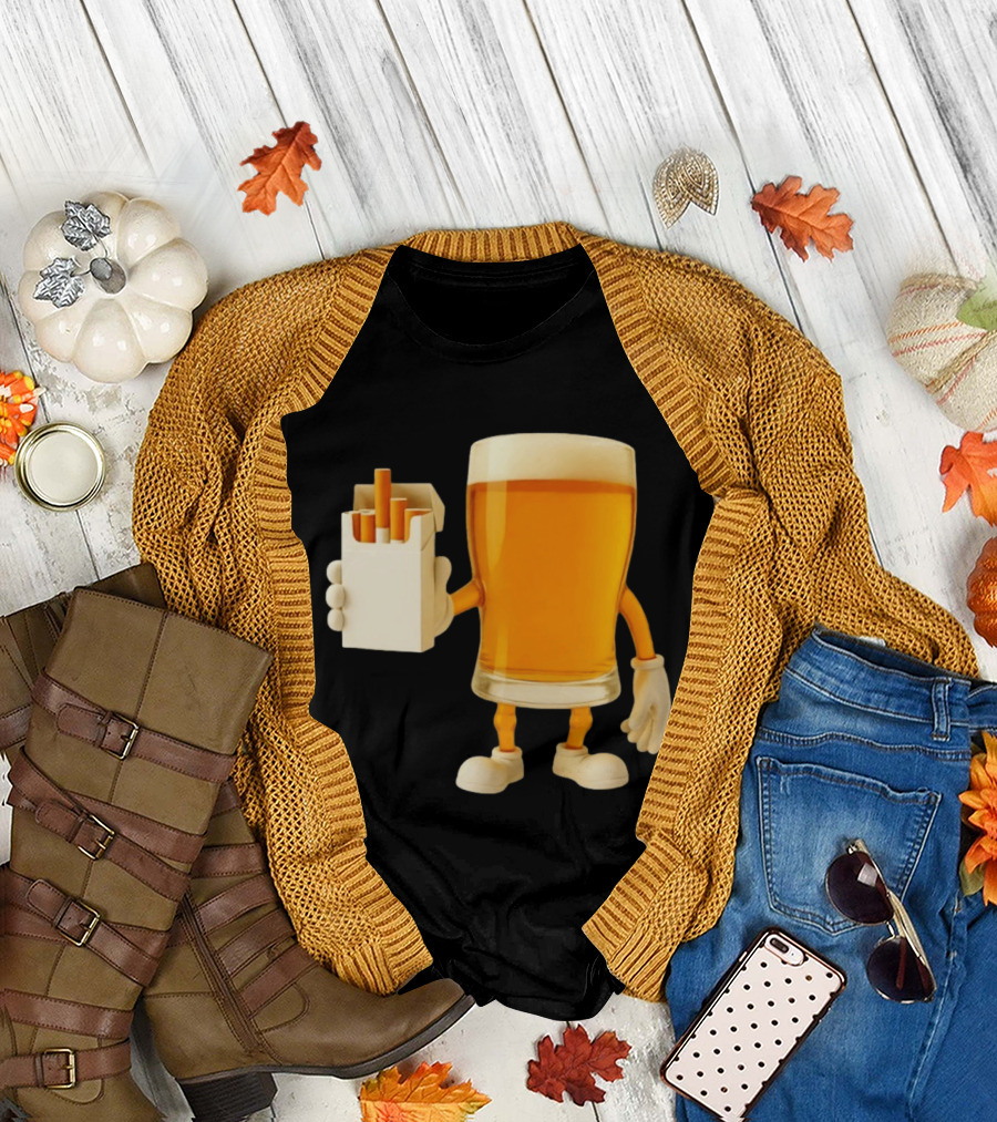 Beer Glass Holding Cigarettes Funny Drunk Cigs T-Shirt