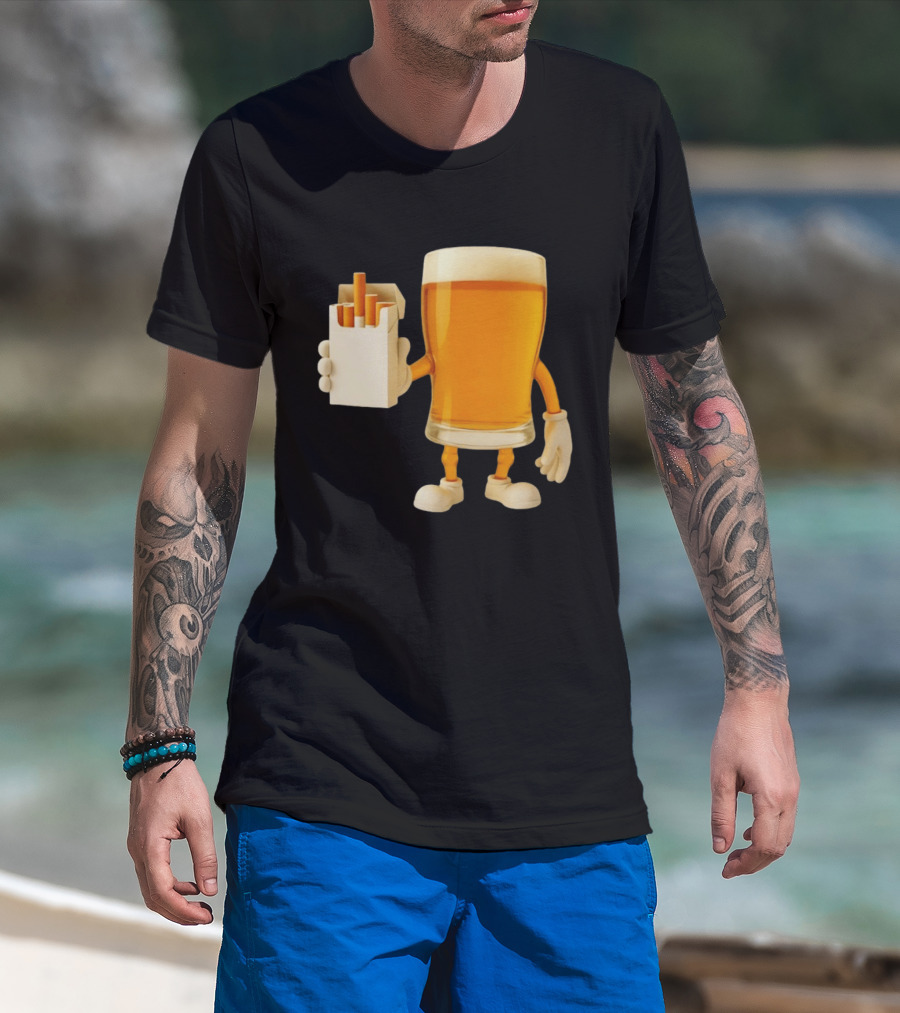 Beer Glass Holding Cigarettes Funny Drunk Cigs T-Shirt