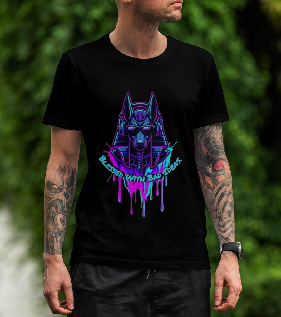 Blessed With Bad Ideas Anubis Headphones Neon Egyptian Mythology T-Shirt