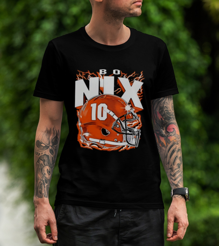 Bo Nix 10 Orange Football Helmet Flames T-Shirt