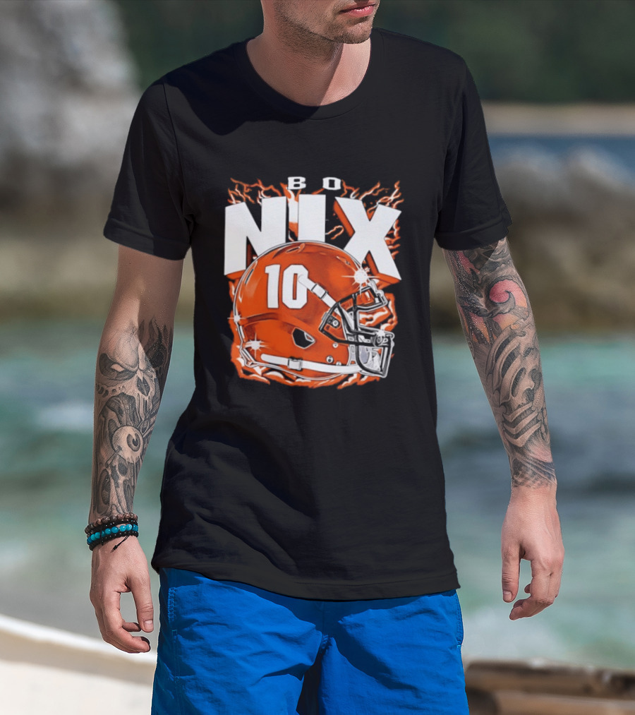 Bo Nix 10 Orange Football Helmet Flames T-Shirt