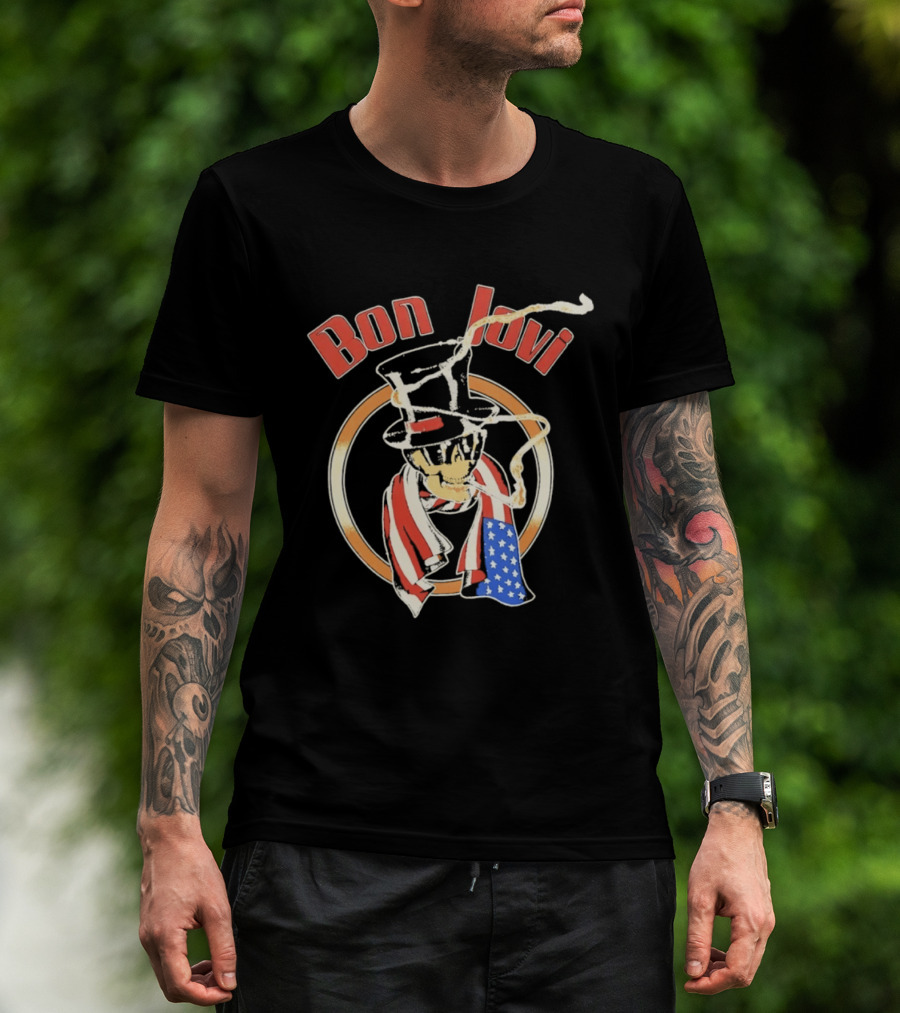 Bon Jovi American Skull With Patriotic Top Hat And Flag Scarf T-Shirt