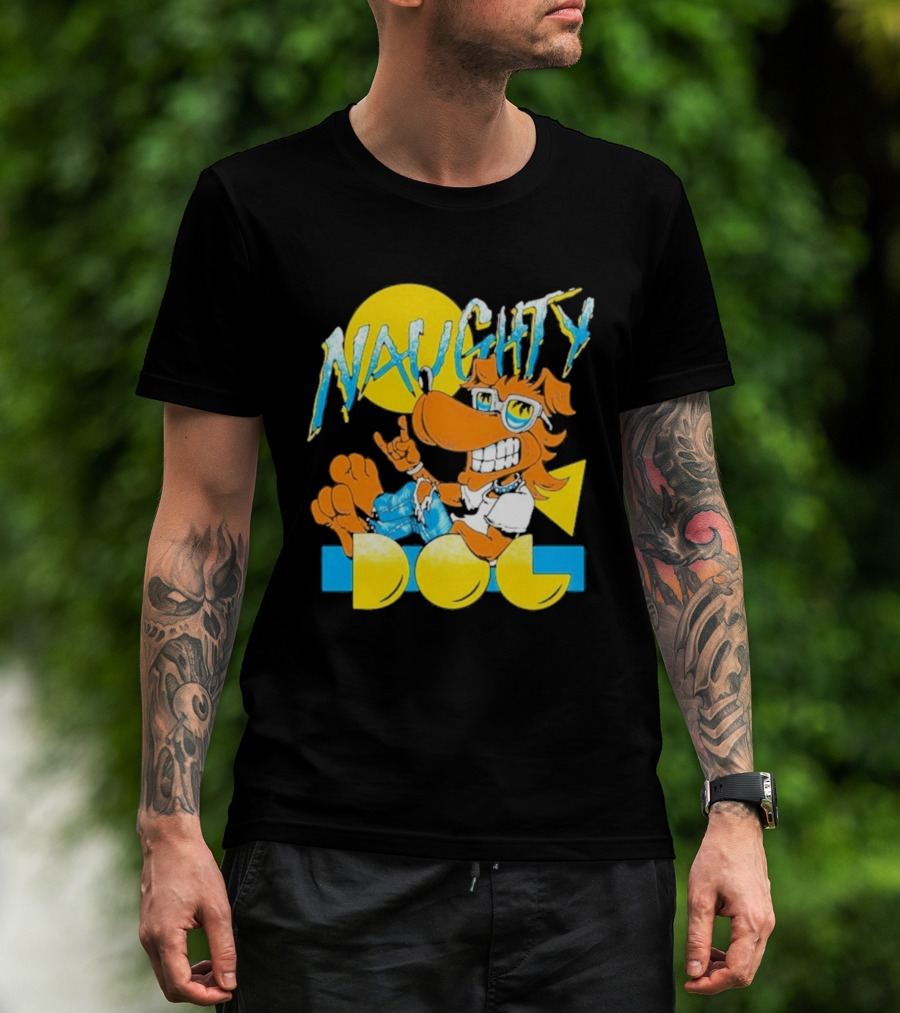 Naughty Dog Retro Cartoon Character With Sunglasses And Sunburst T-Shirt