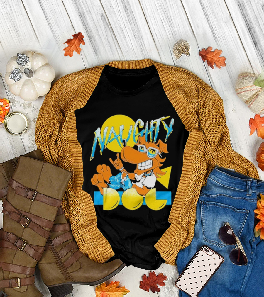 Naughty Dog Retro Cartoon Character With Sunglasses And Sunburst T-Shirt