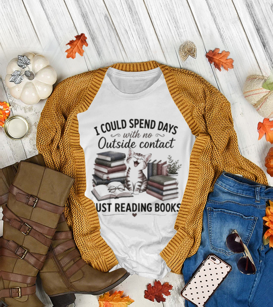 I Could Spend Days With No Outside Contact Just Reading Books Cat Surrounded By Stacks Of Books And Plant T-Shirt