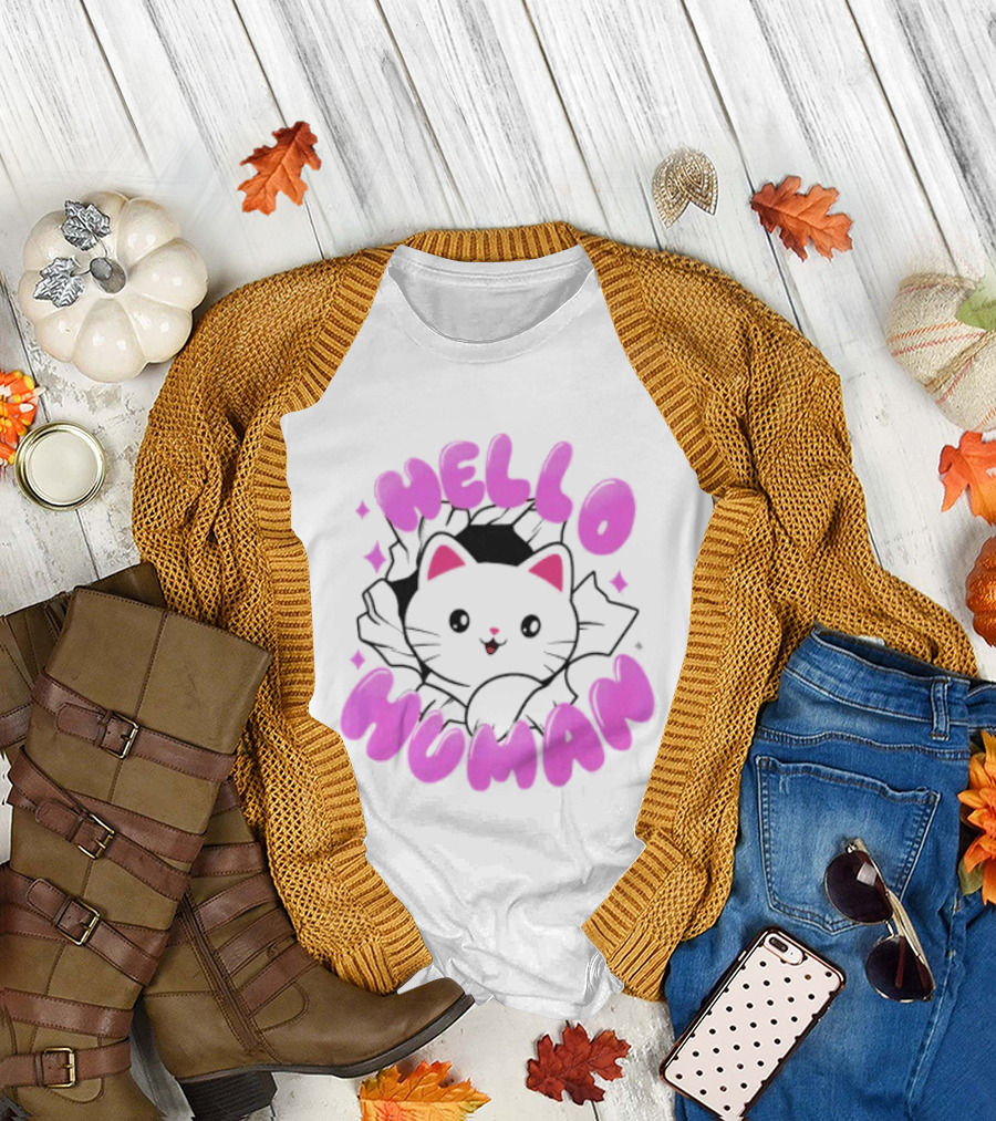 Hello Human Kawaii Cat Kitten Cute Pink T-Shirt