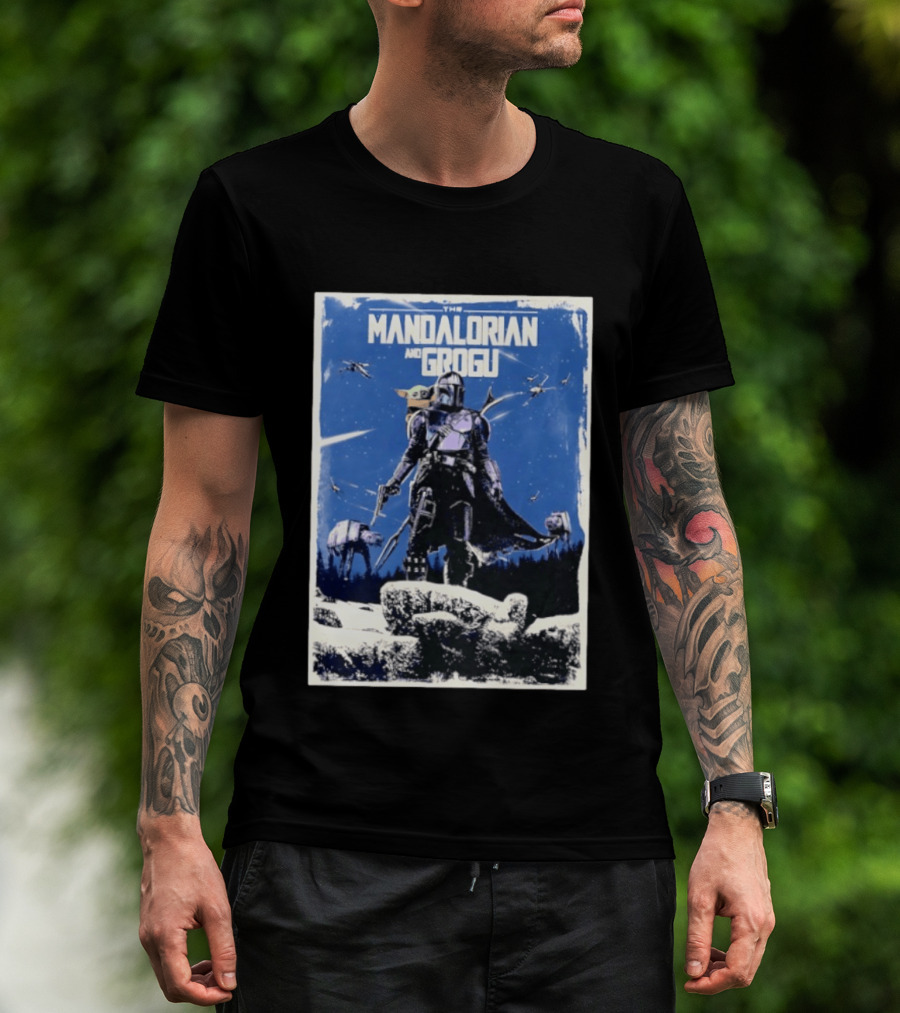 The Mandalorian And Grogu Star Wars Baby Yoda Scene With AT AT And X Wings T-Shirt