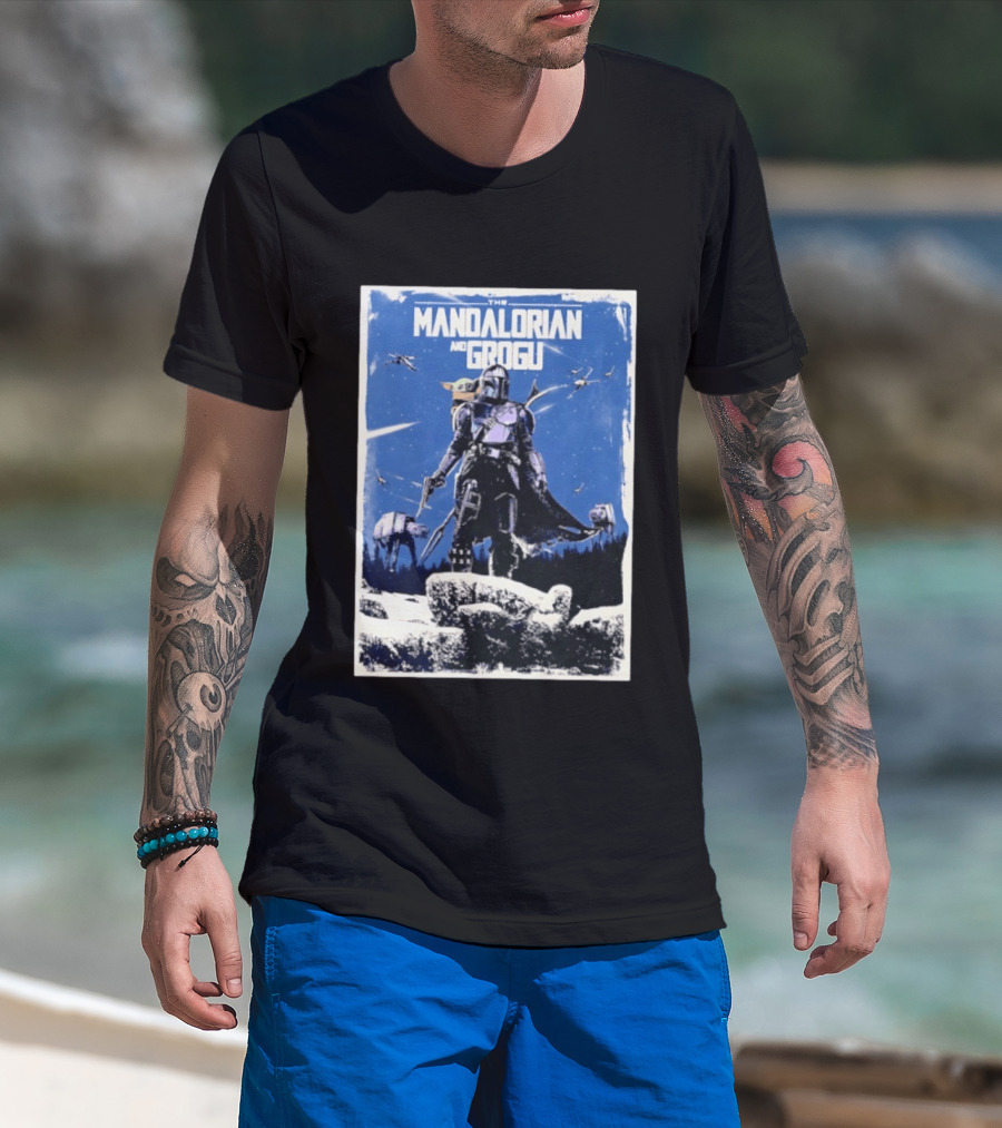 The Mandalorian And Grogu Star Wars Baby Yoda Scene With AT AT And X Wings T-Shirt