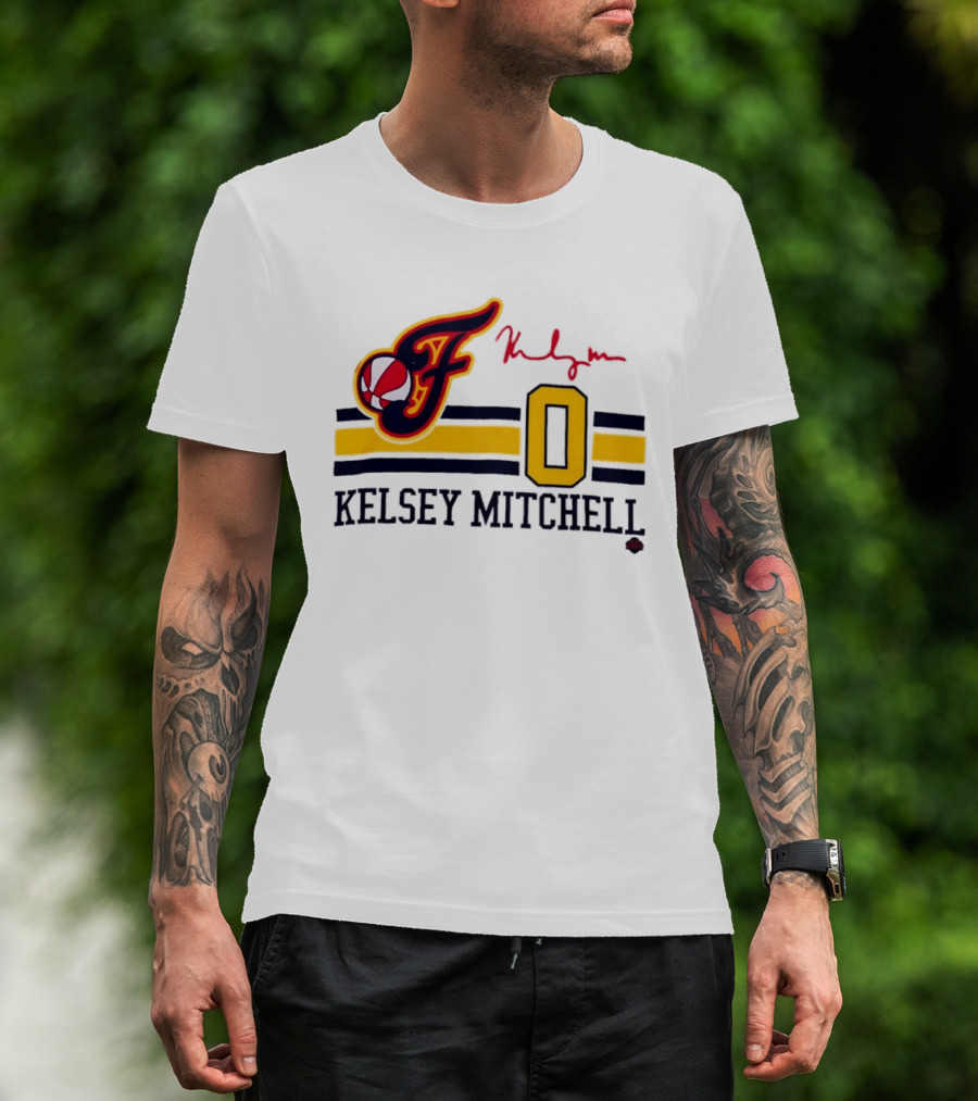 Kelsey Mitchell Indiana Fever No. 0 F Logo And Signature T-Shirt