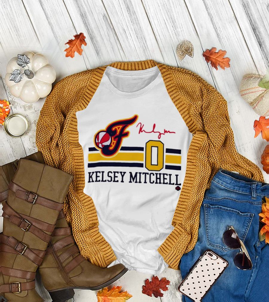Kelsey Mitchell Indiana Fever No. 0 F Logo And Signature T-Shirt