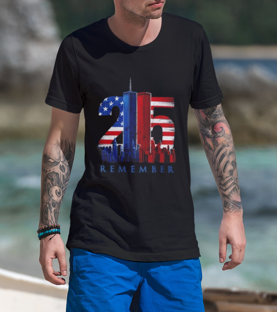 25th Anniversary Remember Twin Towers American Flag T-Shirt