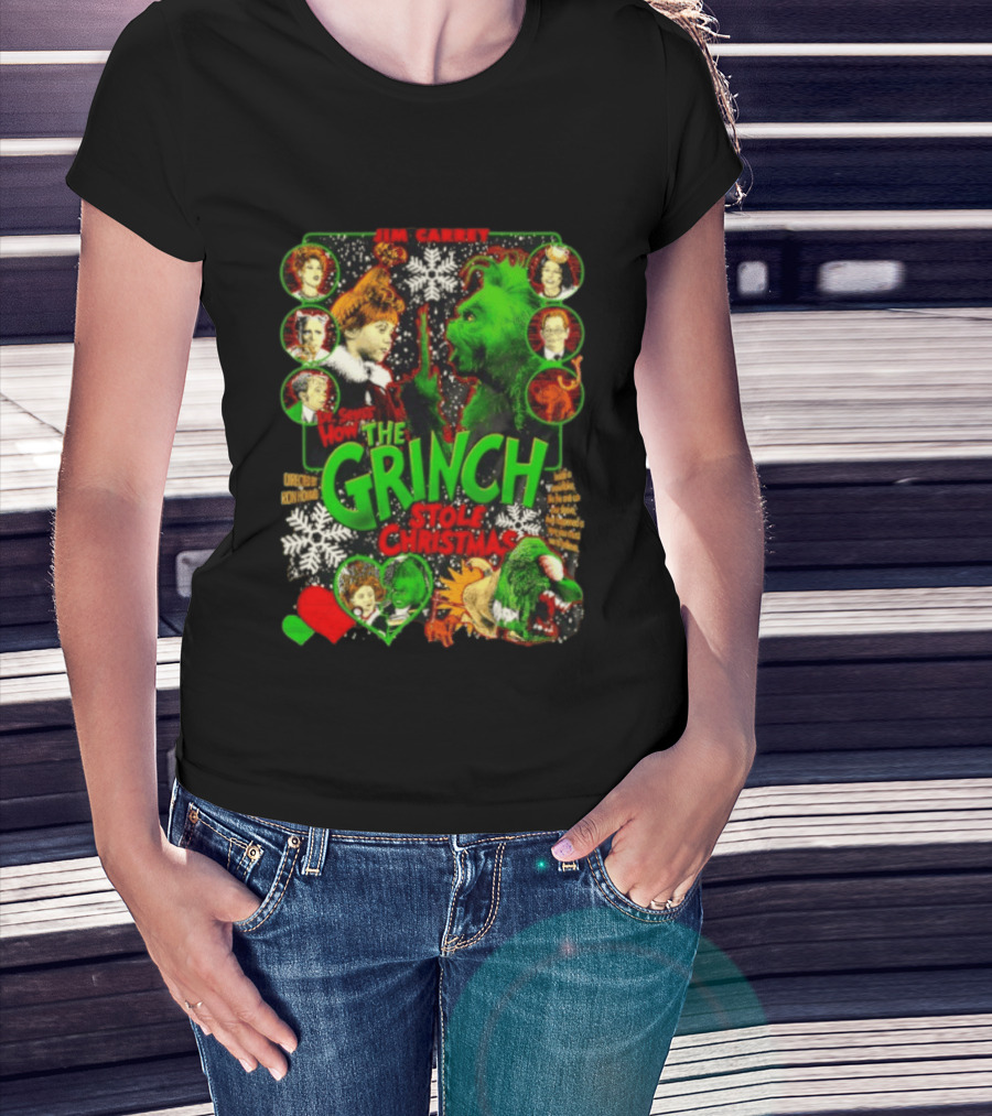 Jim Carrey Dr Seuss How The Grinch Stole Christmas Movie With Characters And Snowflakes T-Shirt
