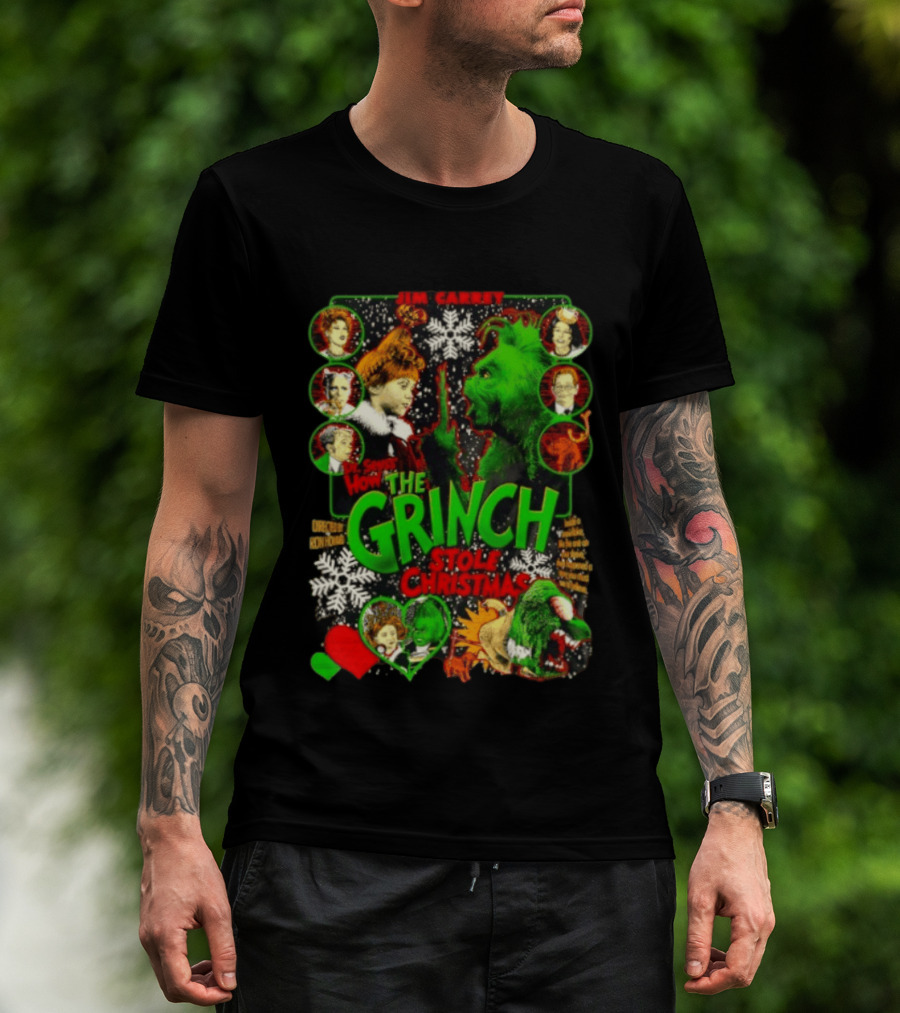 Jim Carrey Dr Seuss How The Grinch Stole Christmas Movie With Characters And Snowflakes T-Shirt