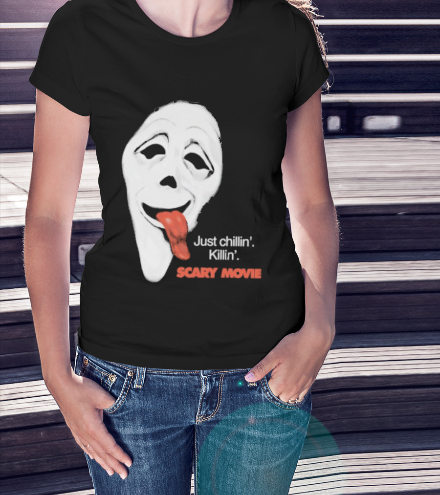 Just Chillin' Killin' Scary Movie Ghostface Mask With Red Tongue T-Shirt