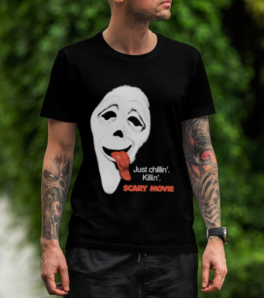Just Chillin' Killin' Scary Movie Ghostface Mask With Red Tongue T-Shirt